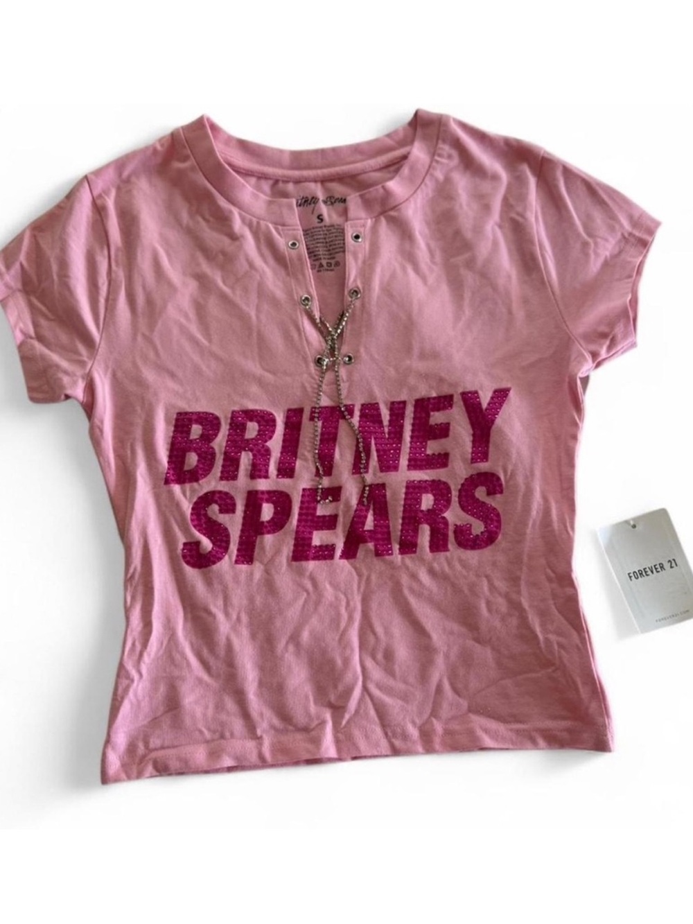 New Forever 21 Pink 'Britney Spears' Rhinestone Crop Top S